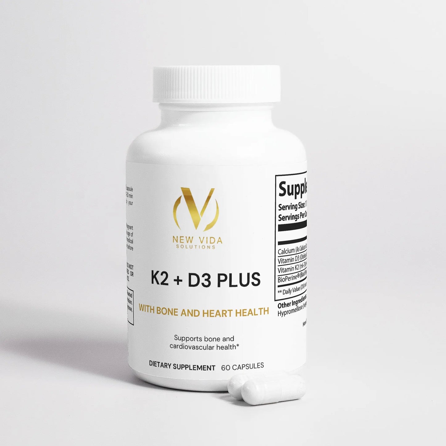 K2 + D3 Plus: Bone & Heart Support Supplement - 60 Capsules New Vida Solutions