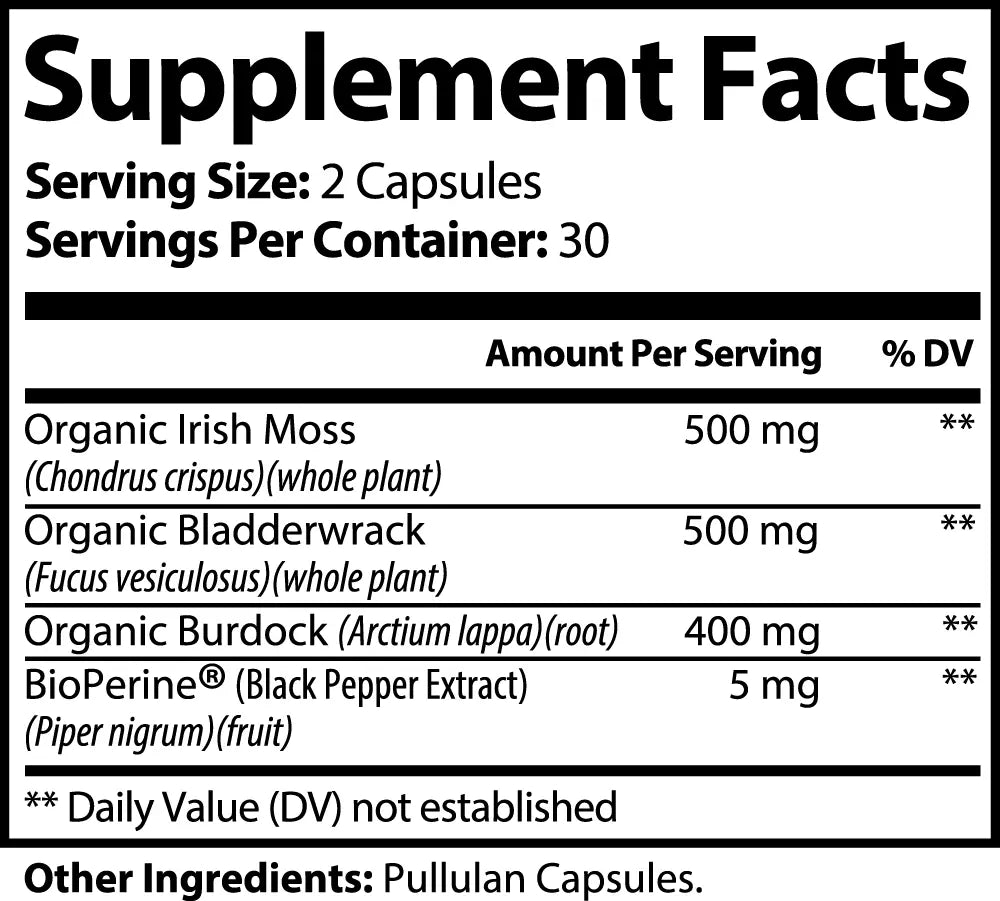 Premium Organic Irish Sea Moss Complex with Bladderwrack & Burdock Root - 60 Vegetarian Capsules | New Vida Solutions New Vida Solutions